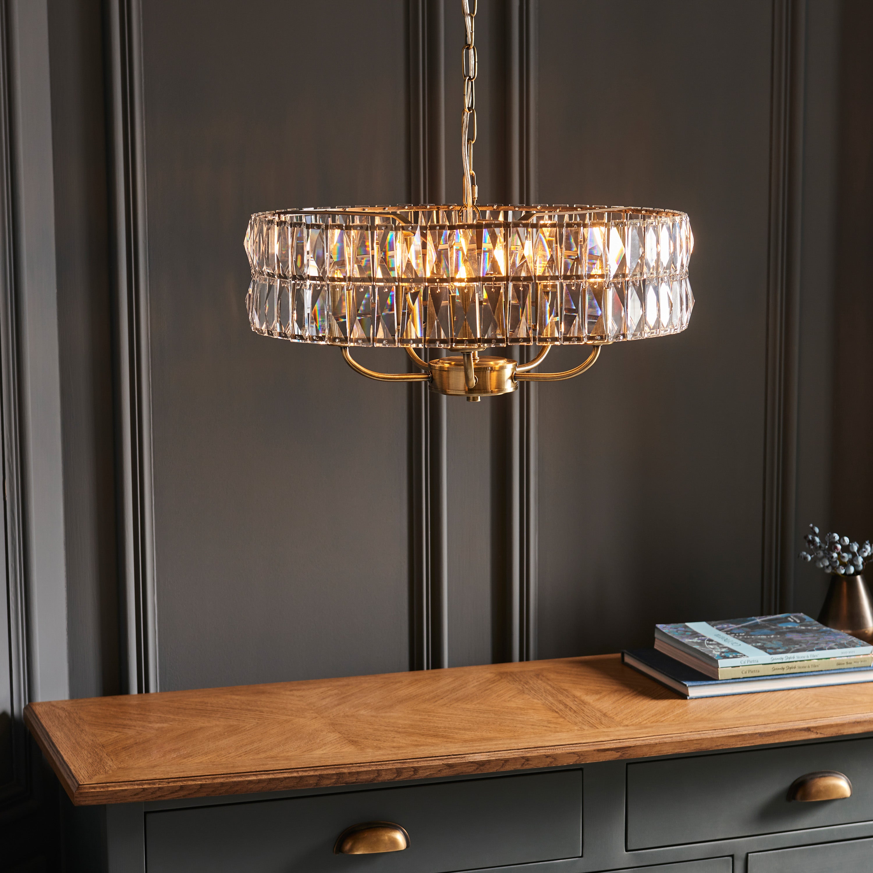Albion Antique Brass & Crystal Glass Pendant Light | Large